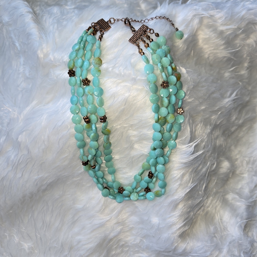 Chic Turquoise Beaded 4 Strand Necklace With Bronze Flowers
